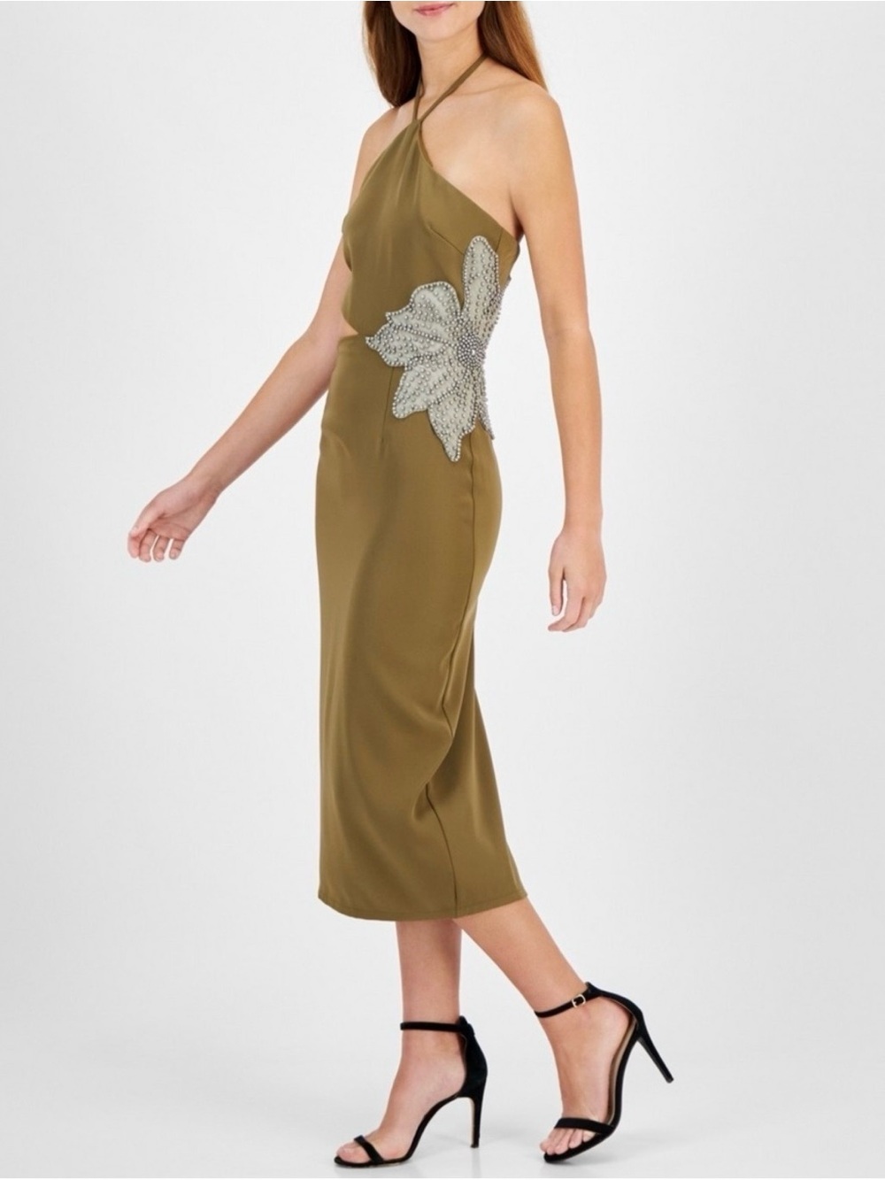 Avec Les Filles Olive Halter Midi Dress with Beaded Floral Applique Size 6